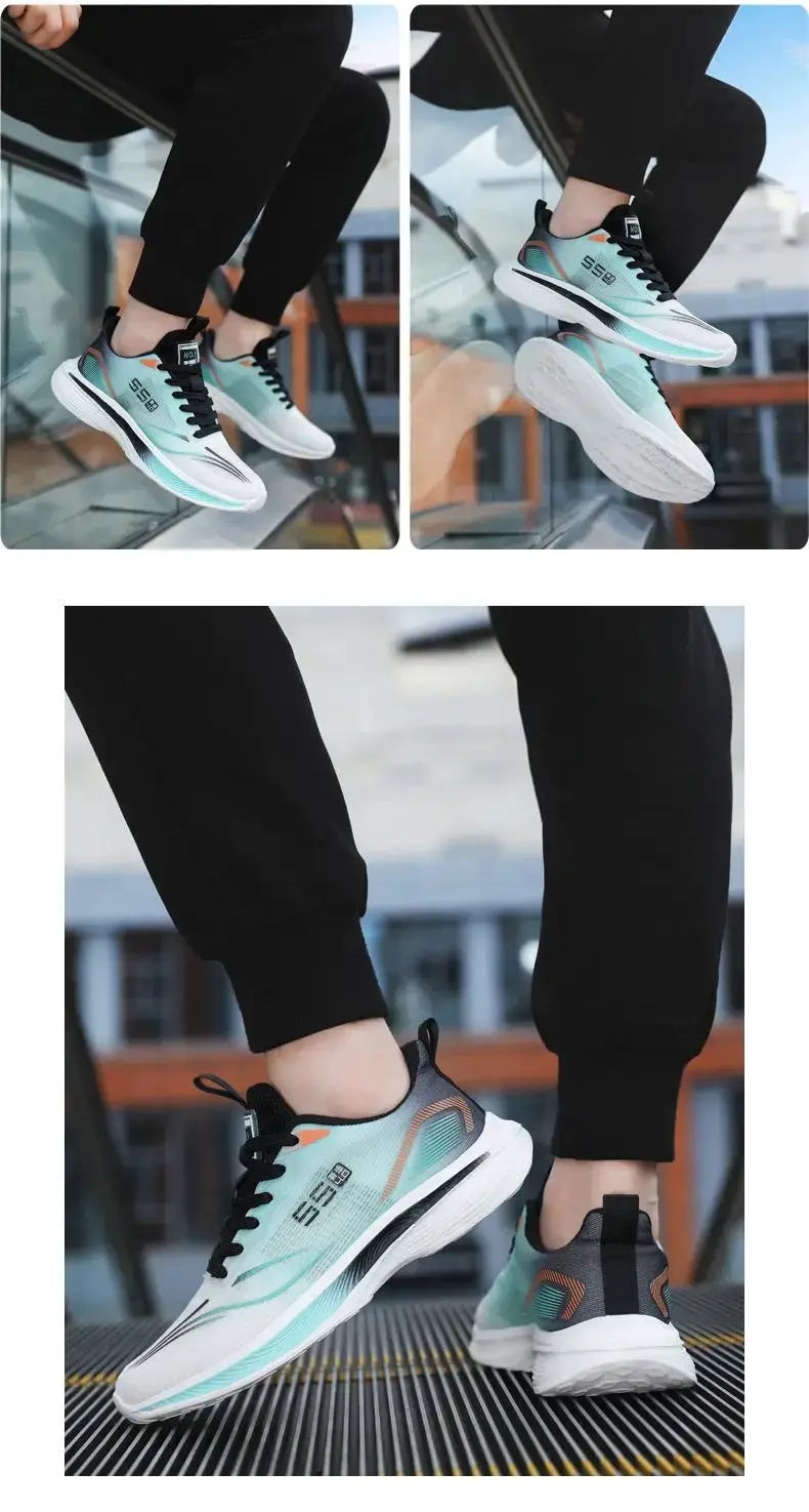 Men's teal running shoes with black laces and white chunky sole