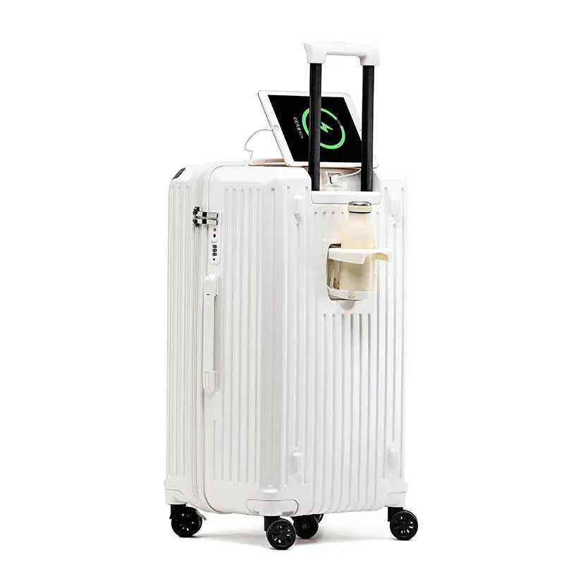 White hard-shell carry-on luggage with cup holder, USB charging port, and four spinner wheels