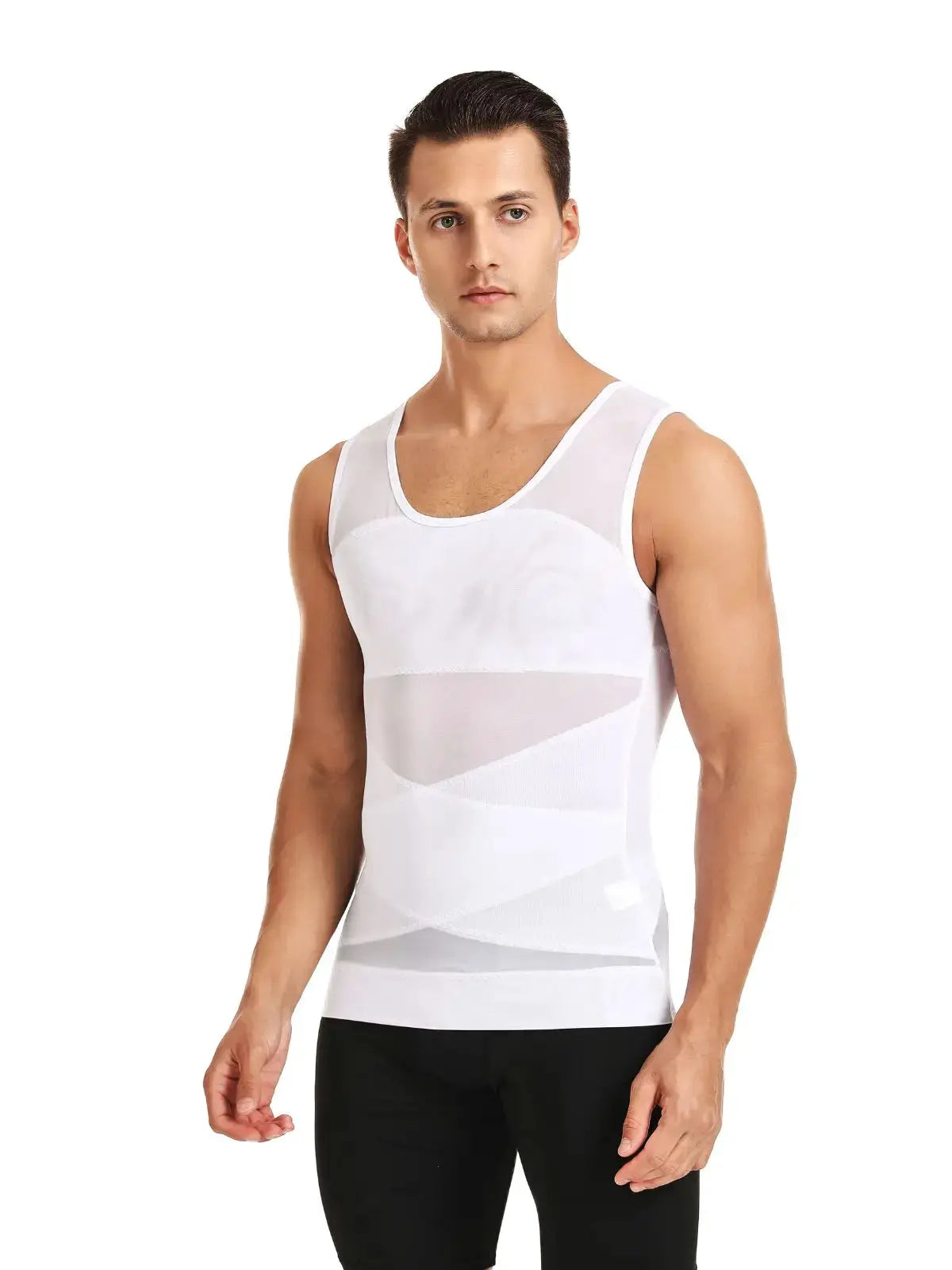 Men's white chest compression tank top with mesh panels for a slim silhouette