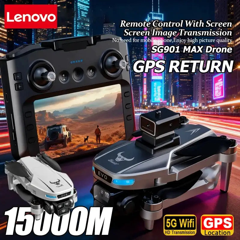 Lenovo SG901 MAX GPS drone with folding design and remote control with built-in screen, plus a small white drone