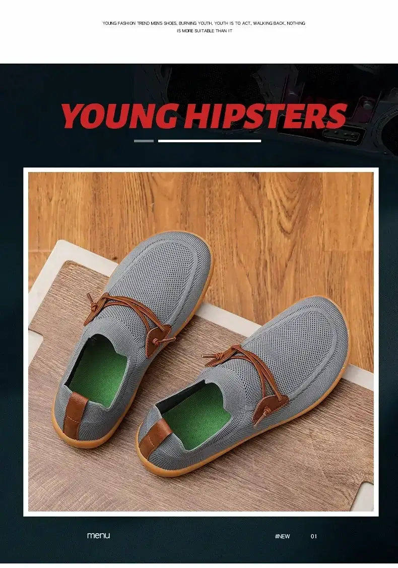 Simples Market wide-version barefoot shoes, grey mesh casual sport sneakers with brown leather laces and green lining.