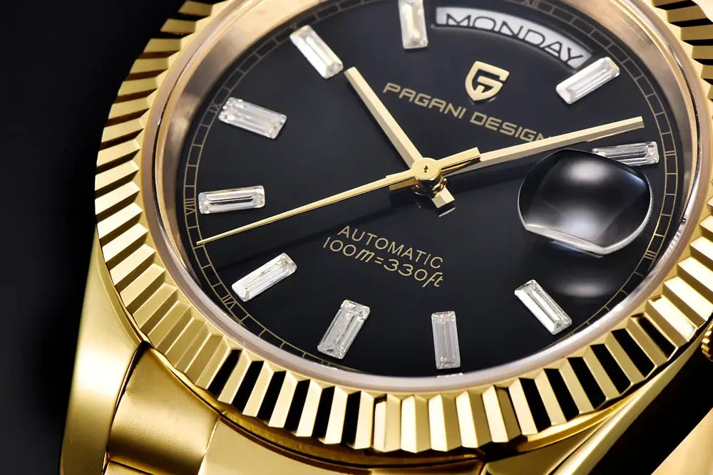 Pagani Design gold automatic men's watch with black dial, sapphire glass, fluted bezel, diamond markers, date window.
