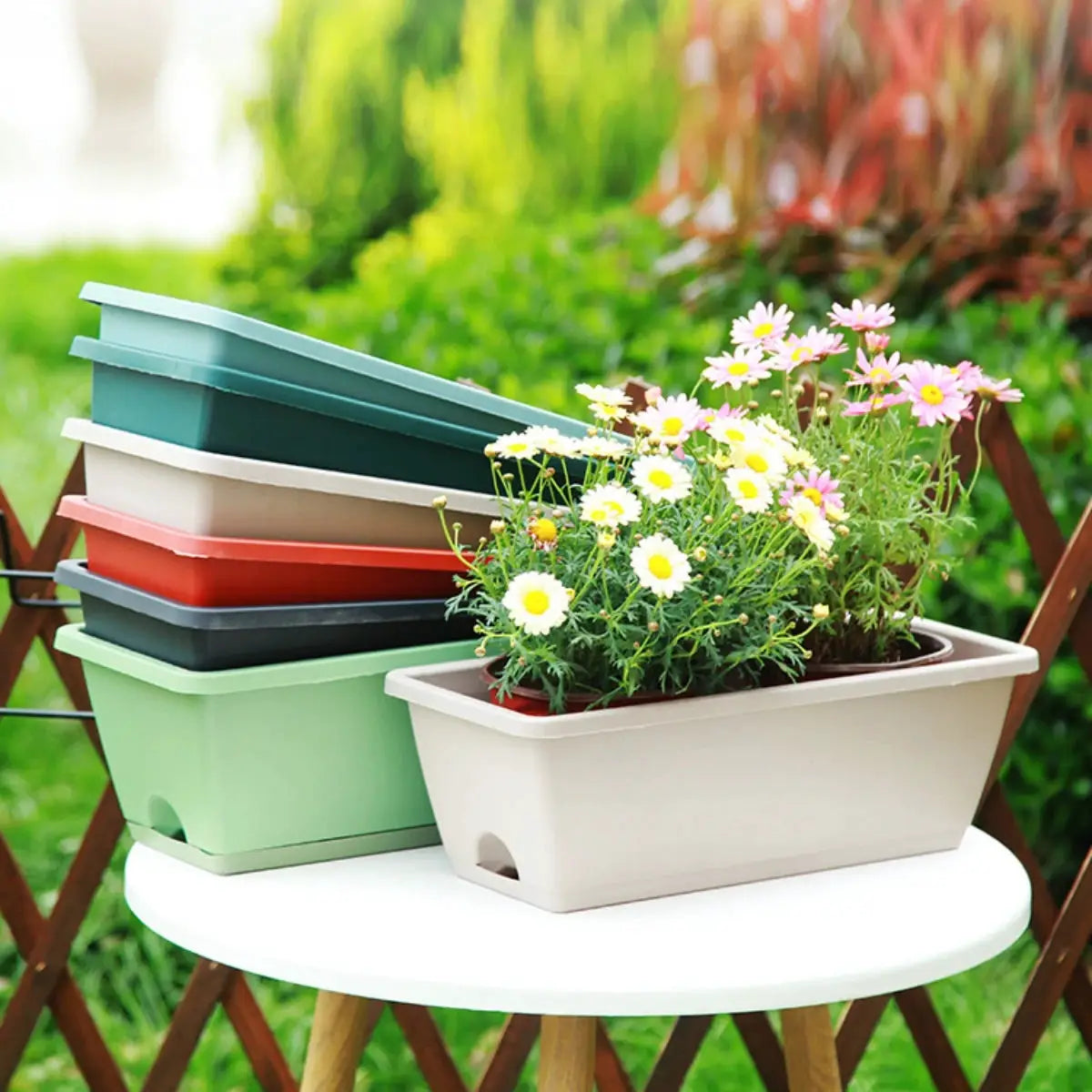 Simples Market five-piece rectangular plastic balcony planter set with tray and rack in assorted colors
