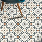 Simples Market 9PCS matte waterproof vinyl floor tile decals with blue-gray beige geometric floral pattern, removable