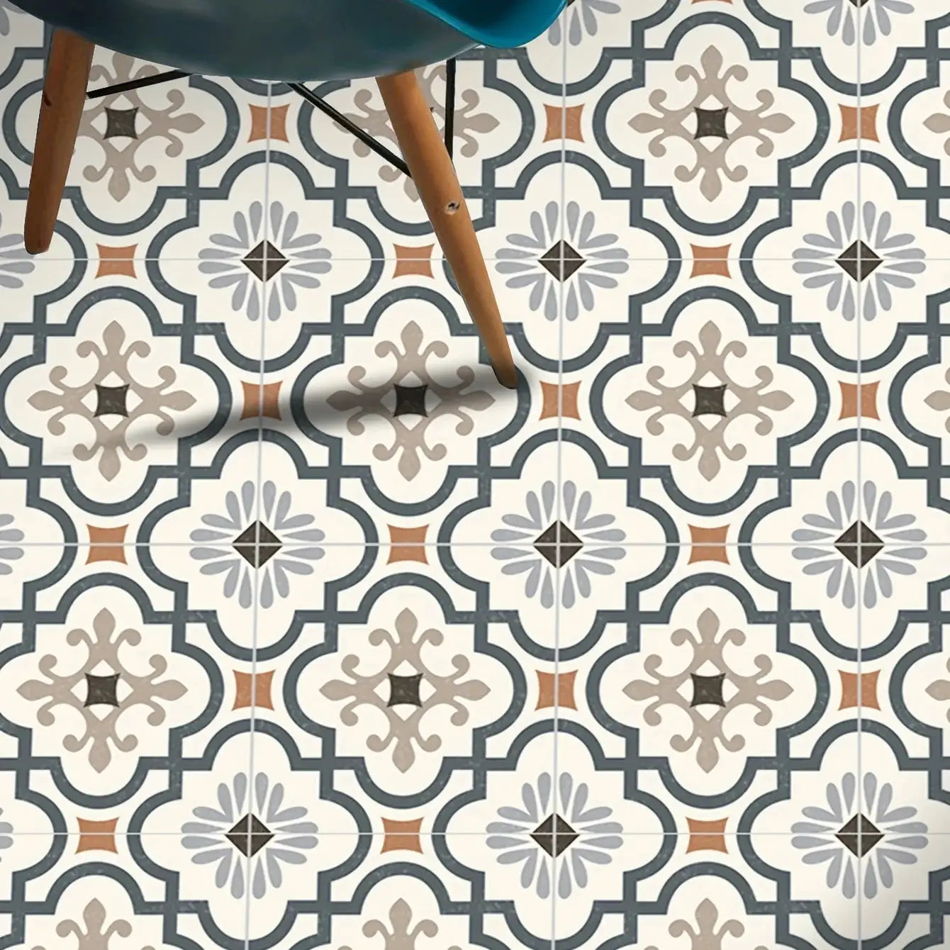 Simples Market 9PCS matte waterproof vinyl floor tile decals with blue-gray beige geometric floral pattern, removable