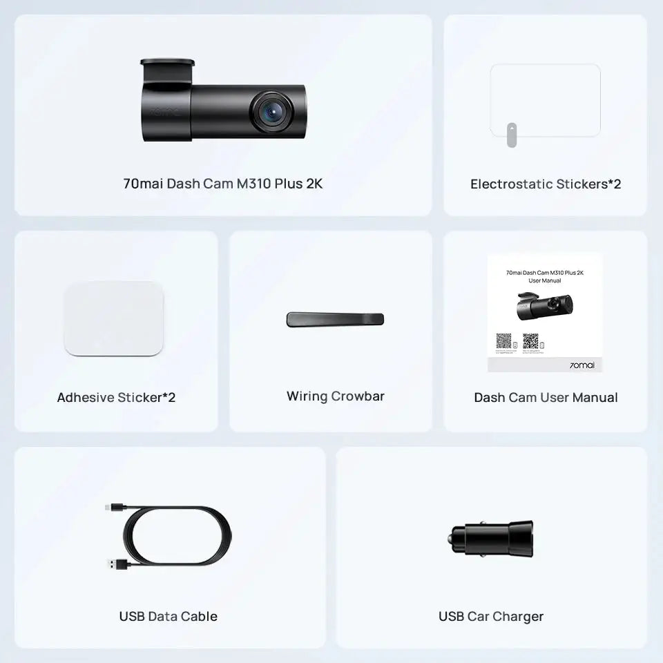 70mai Dash Cam M310 Plus 2K car DVR kit with 2x sticker sets, wiring crowbar, USB data cable, car charger