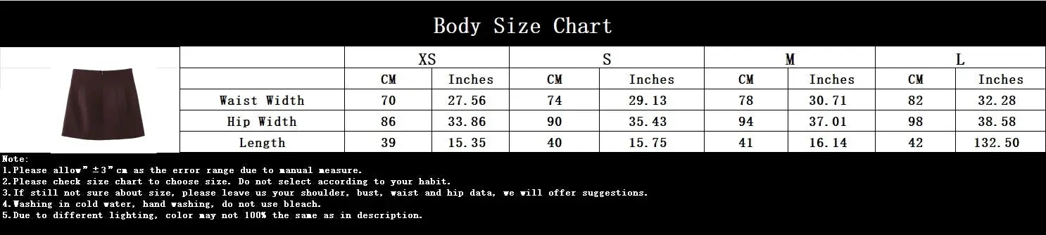 KONDALA brown mini skirt displayed beside a body size chart