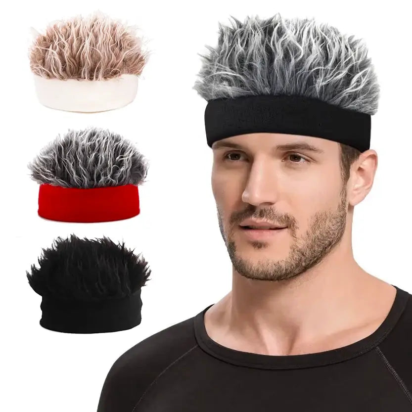 Cosplay knitted wig cap with faux fur top; black headband with grey tuft, plus beige, red, and black color options