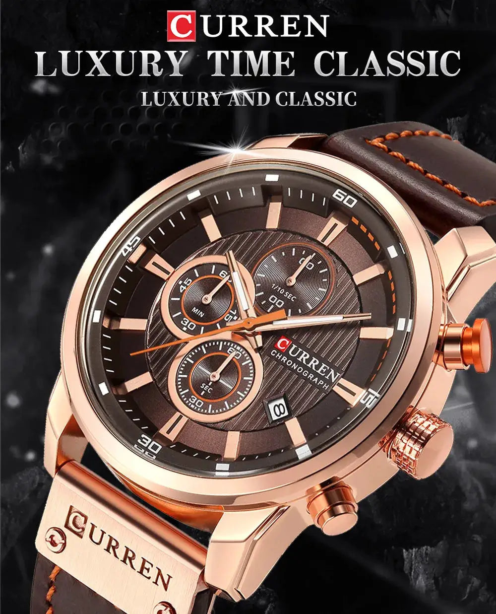 Curren 8291 men's quartz chronograph watch with rose-gold case, brown leather strap, and three subdials