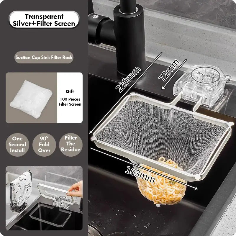 PrimeHome Foldable Sink Filter Rack With Iron Frame PET Mesh And Removable Suction Cup For Easy Drainage