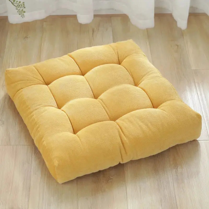 Floor pillow, square mustard-yellow tufted cushion, thick seat mat for meditation.