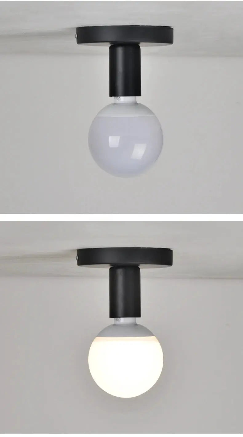 Minimalist black E27 ceiling light with iron mount and frosted glass globe.