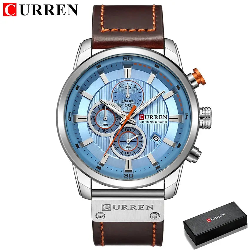 Curren 8291 men's quartz chronograph watch with blue dial, silver case and brown leather strap; Curren box included