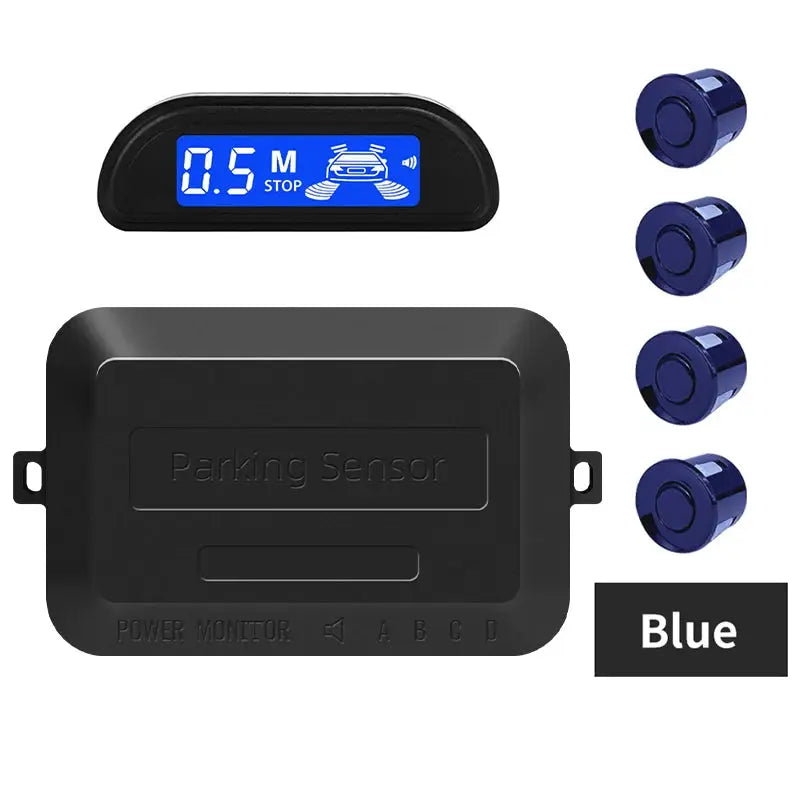 Hippcron car parking sensor kit with four blue sensors and a blue backlit display