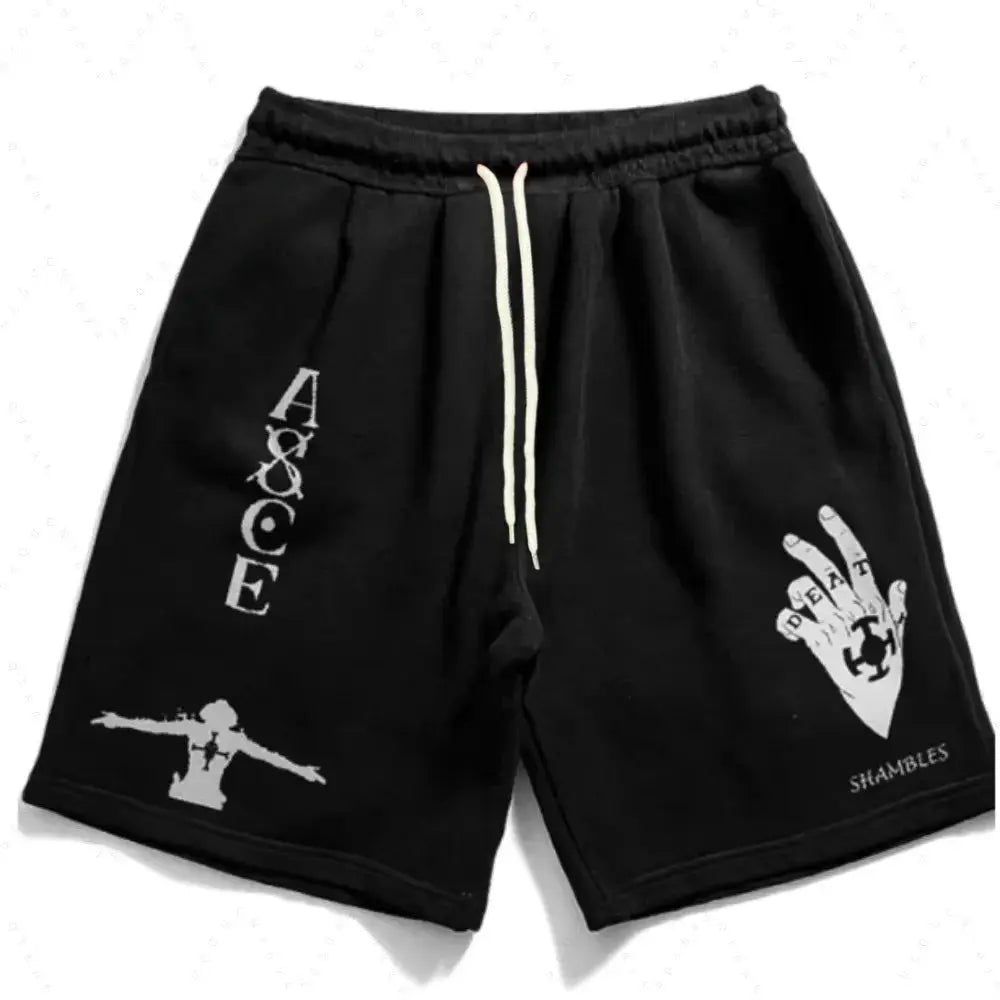 Men's black shorts with white graphic prints and drawstring waistband