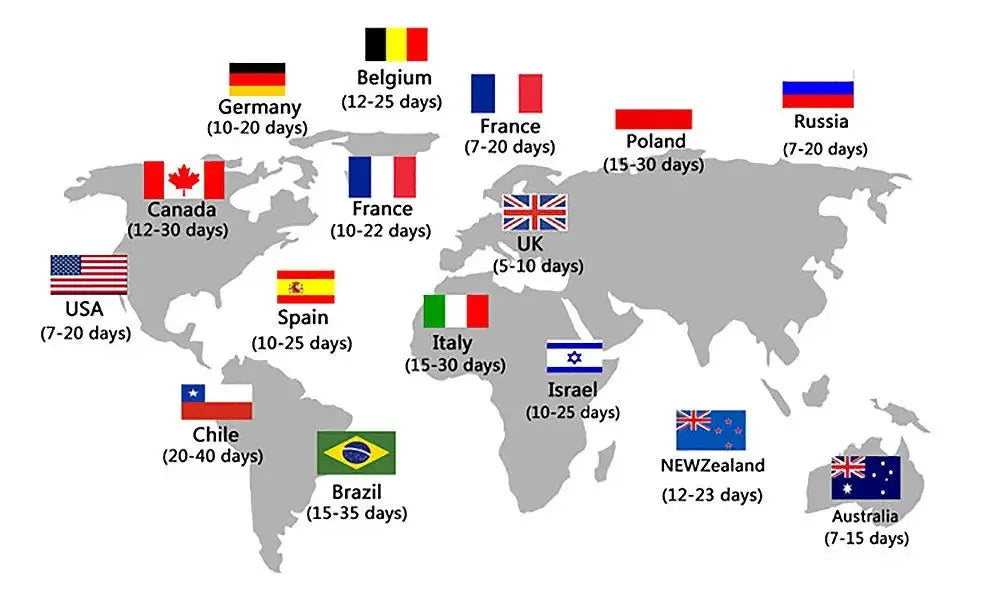 Car Dash Cam 4 Channel Black Box Driving Camera FHD 1080P; global shipping map with country flags and delivery days