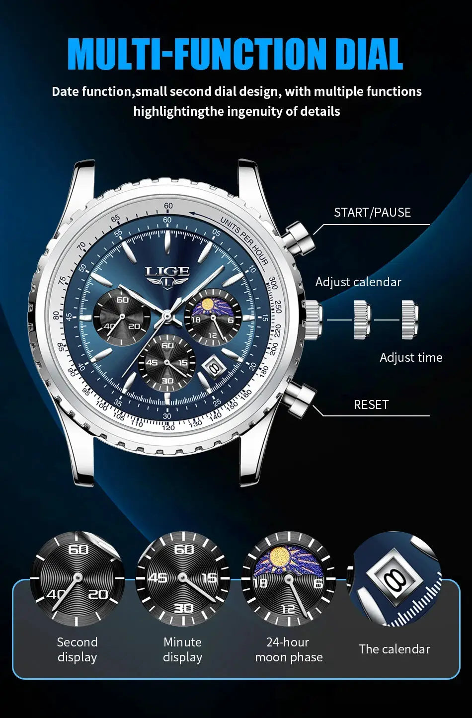 LIGE men's chronograph wristwatch with blue dial, stainless steel case, waterproof