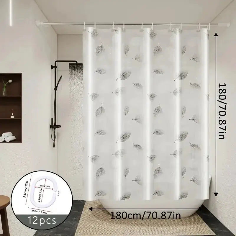 Leaf-pattern plastic shower curtain by Simples Market, transparent, includes 12 hooks, 180 cm
