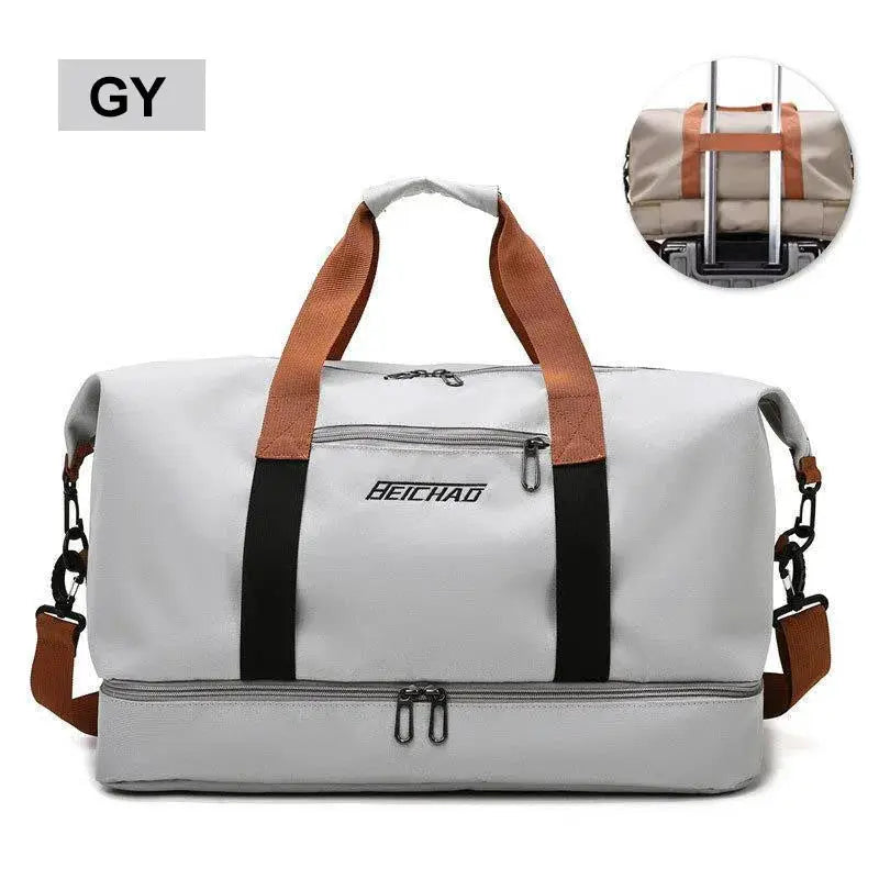 Travel gym bag by BEICHAO in gray with brown handles and black straps
