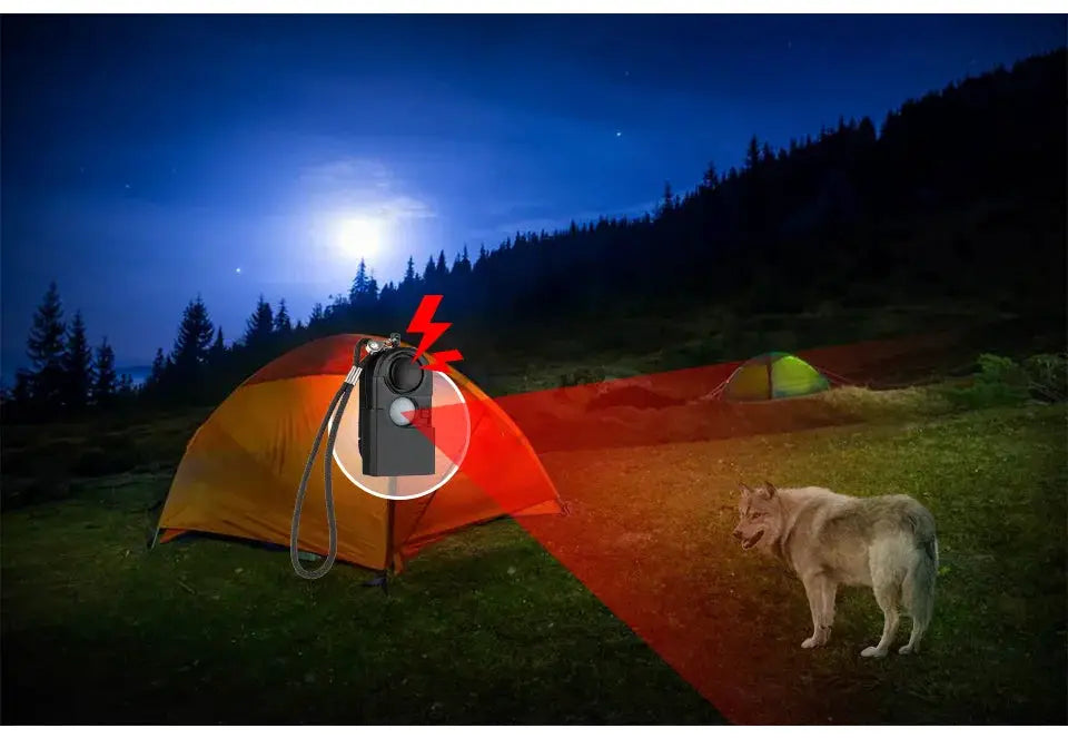 KERUI portable mini motion detector alarm with 120dB siren and SOS LED; camping scene with tents and a dog