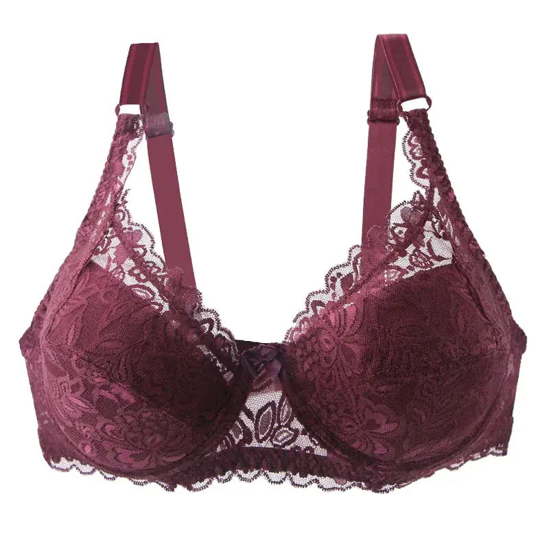 Bra burgundy lace push-up underwire with bow, adjustable straps