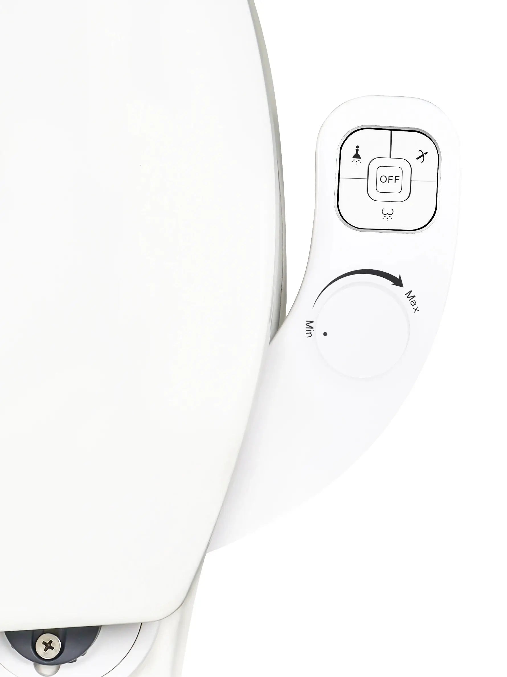 SAMODRA non-electric bidet attachment by Simples Market; white control panel with OFF and dual nozzle icons