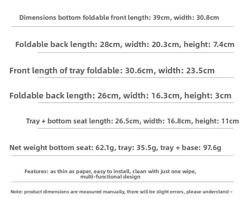 Simples Market TINSOL ultralight folding mini table dimension chart with front/back lengths, widths, heights, and tray sizes.