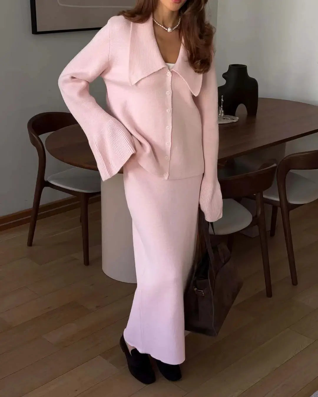 Hirsionsan Two Piece Set Women Polo Neck Cardigan And Midi Dress