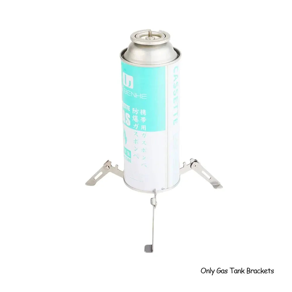Gas cylinder tripod stand; three-legged foldable silver metal holder for outdoor canisters