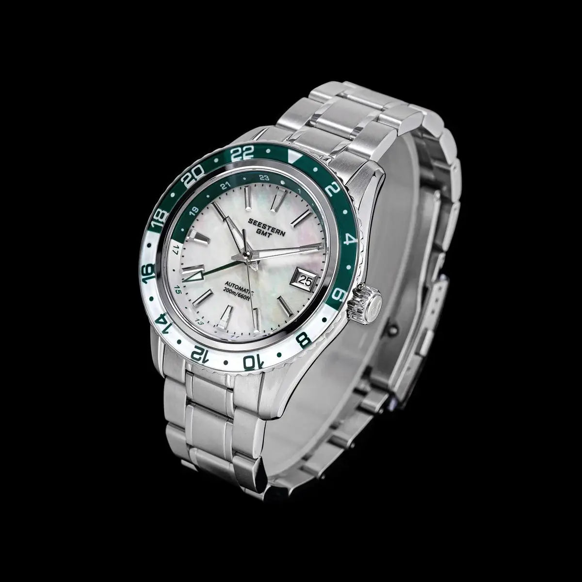 SEESTERN GMT men's stainless steel watch with green 24h bezel and mother-of-pearl dial