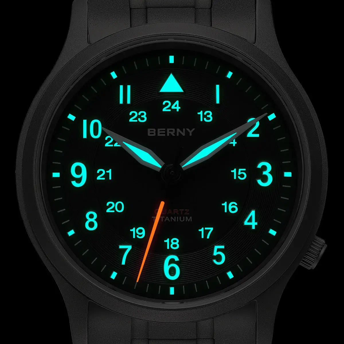 BERNY titanium men's outdoor field watch with luminous teal numerals and hands on a black band