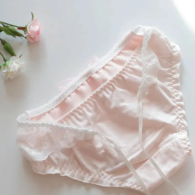 Women's pink cotton panties with white lace trim and bow by Simples Market