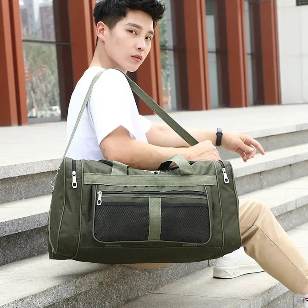 Oxford dry-wet separation gym bag, olive green, large-capacity with multiple compartments and shoulder strap