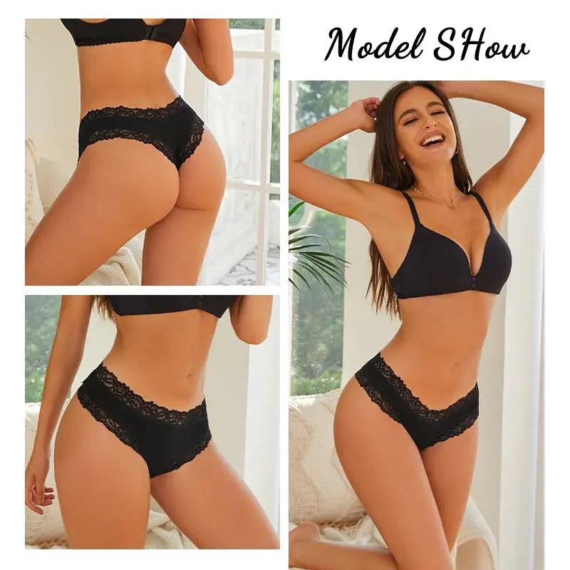 3-piece women's black lace panty set with floral lace briefs
