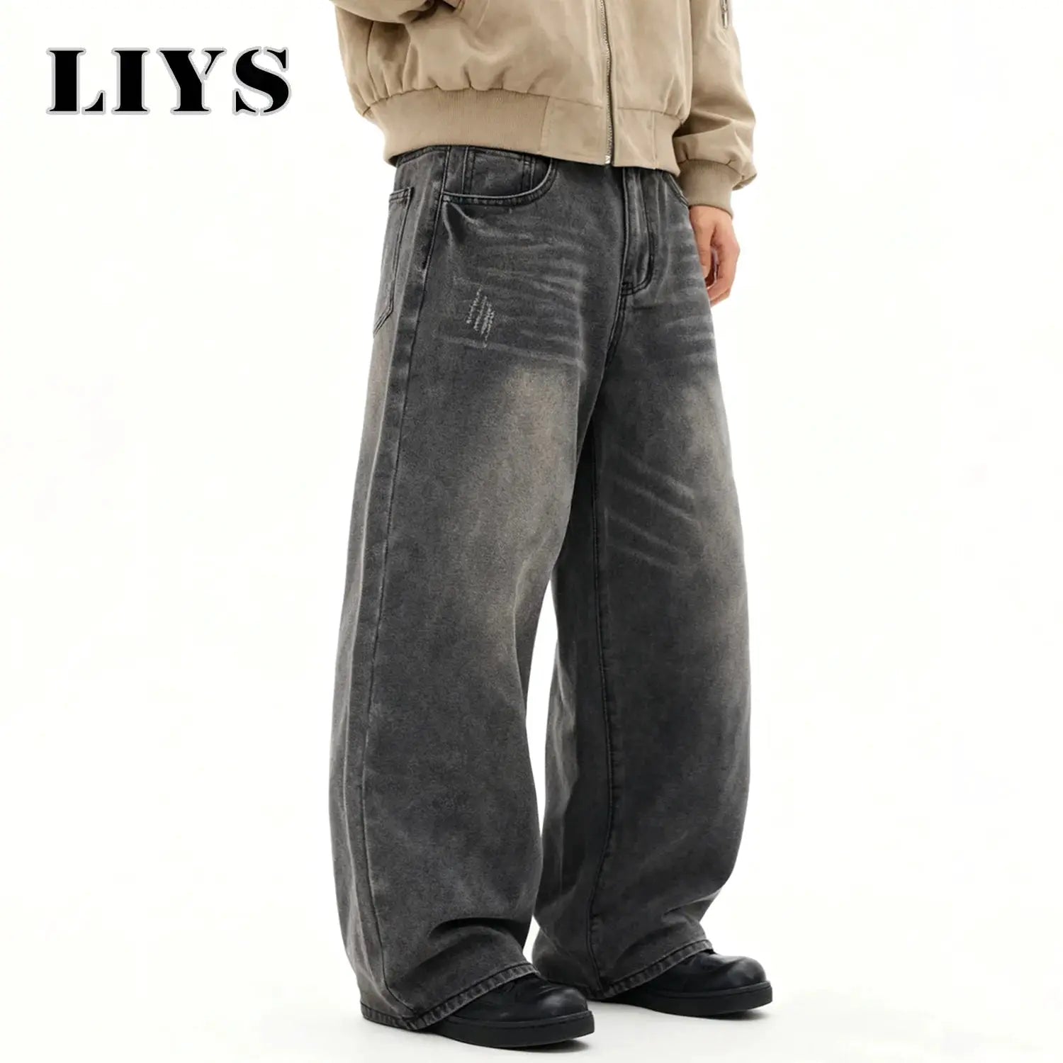 Men's gray denim baggy wide-leg jeans with faded wash, casual daily wear Simples Market