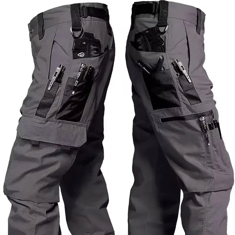 Simples Market gray waterproof cargo work pants with multiple zip pockets and straight-leg fit