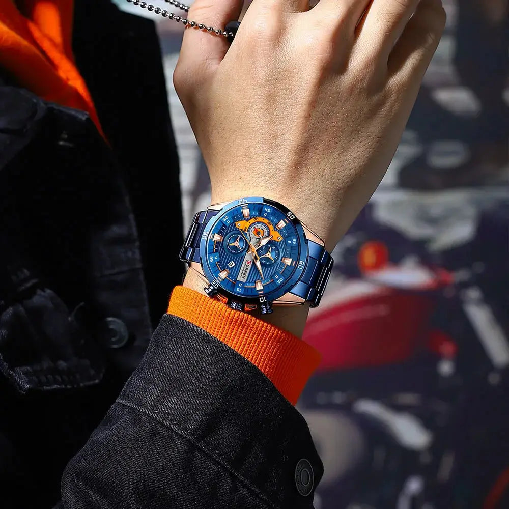 CURREN 8402 men's stainless steel watch with blue dial, orange accents, chronograph
