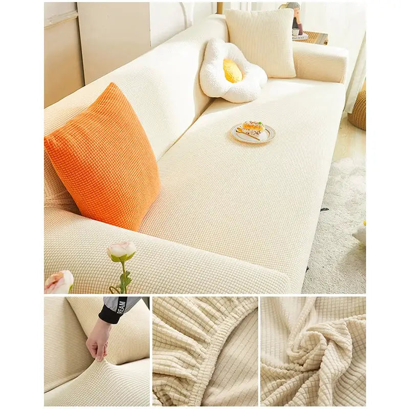 Simples Market elastic jacquard sofa cover for L-shaped corner sofa, beige stretch slipcover with orange cushions.