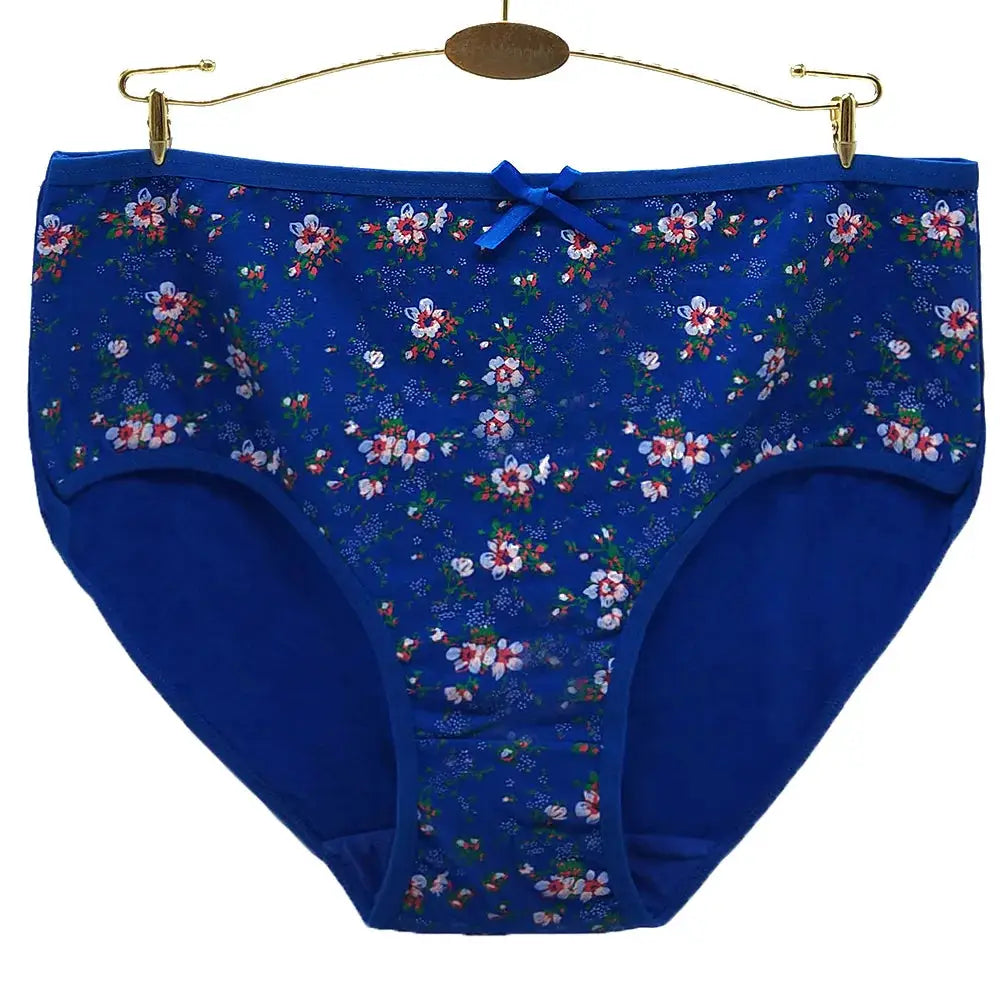 Women's blue cotton mid-rise panties with floral print and a front bow.