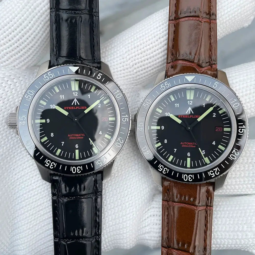 2 STEELFLIER SF783 automatic dive watches with ceramic bezel, black and brown leather straps