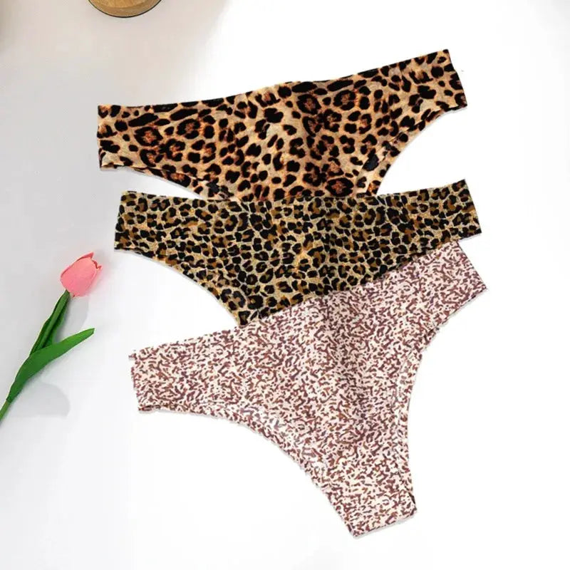 Three-piece leopard print thong set in ice-silk, seamless women's underwear in tan, brown and pink.