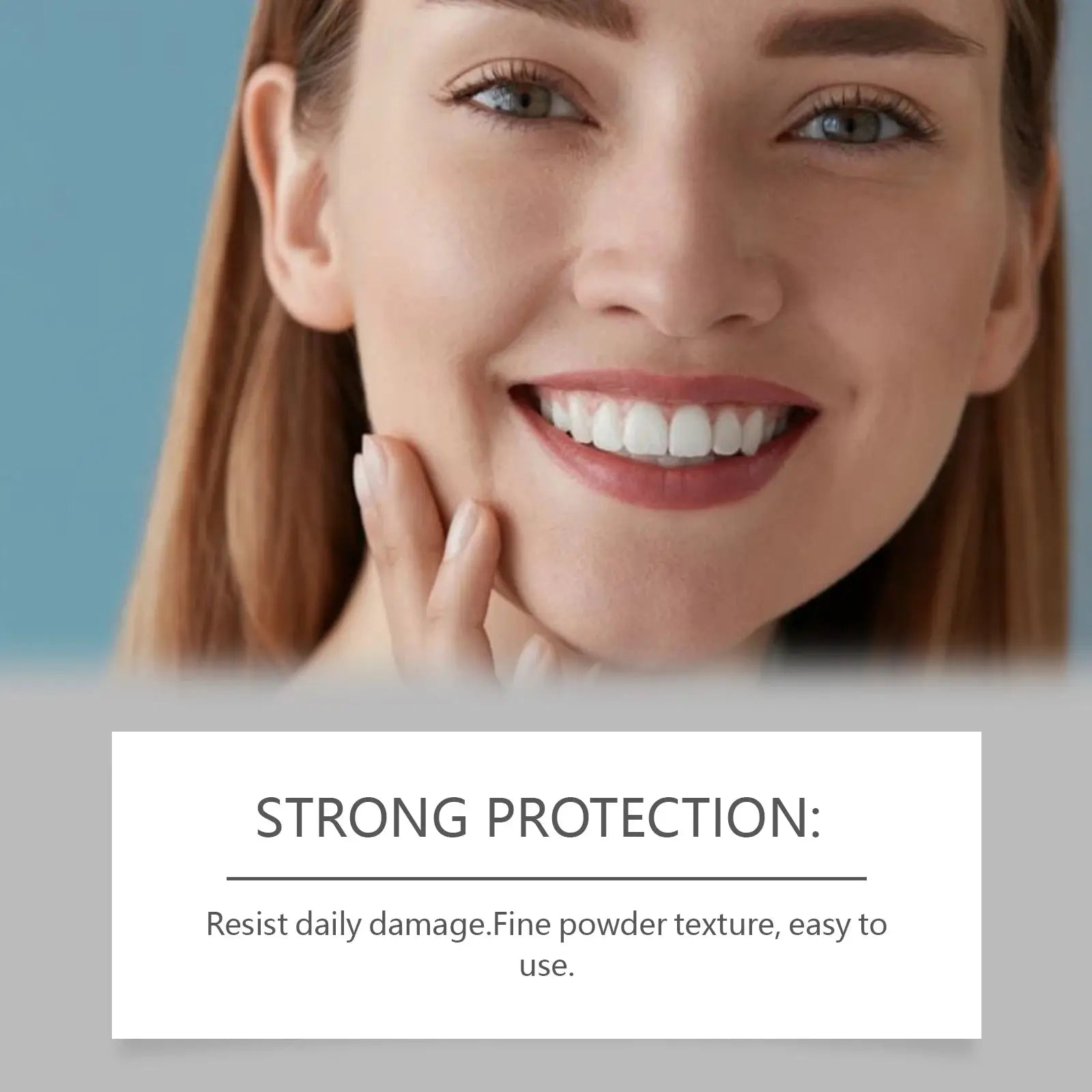 Hydroxyapatite Teeth Whitening Powder by Simples Market; smiling woman with bright white teeth.