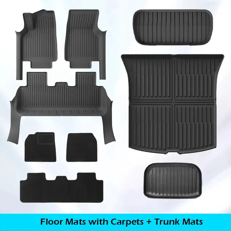 9-piece floor mats and trunk liner set for Tesla Model Y, all-weather black rubber by Simples Market.