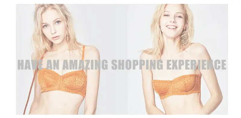 Women's orange lace bralette, two-view display; delicate lace fabric and adjustable straps