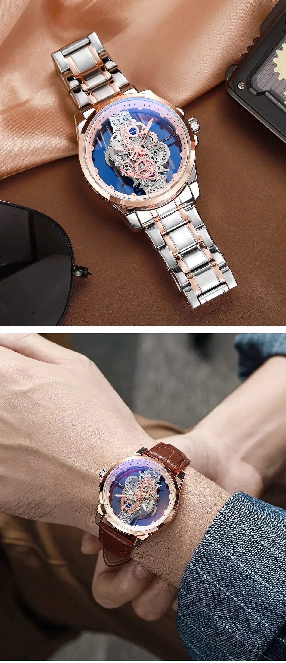 Men's skeleton automatic wristwatch with blue dial and rose-gold/silver stainless steel band; 2 watches shown.
