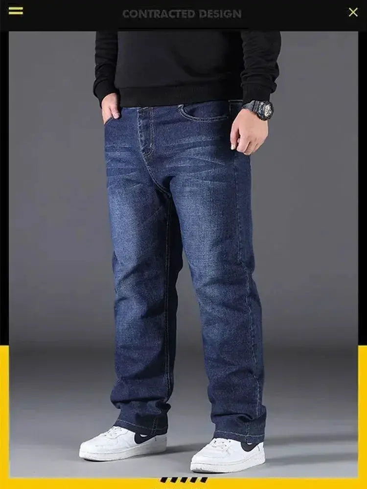 Men's oversized blue denim jeans with high waist and loose fit