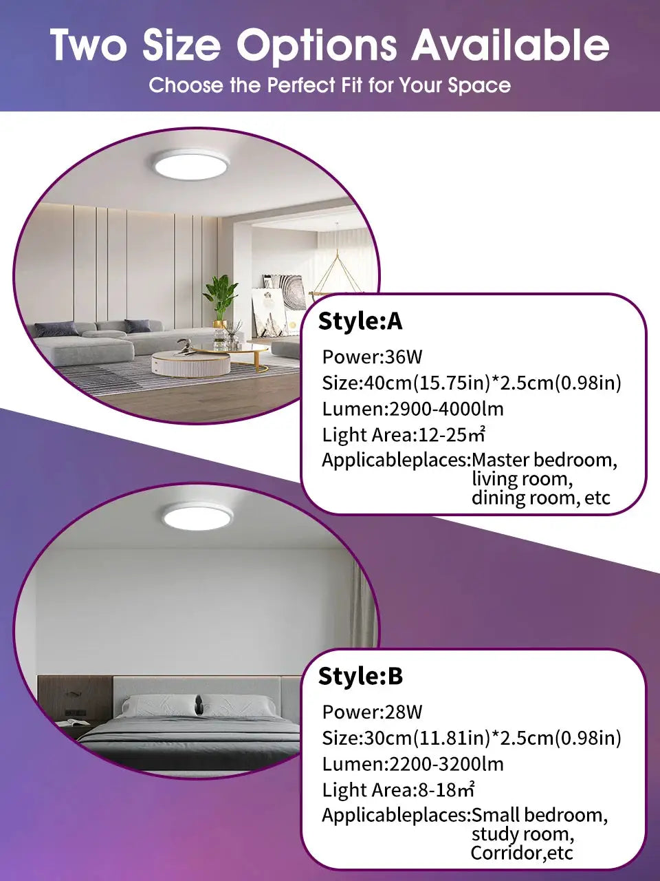 TUYA smart ceiling light by Simples Market, ultra-thin round LED fixture with RGB dimming, two style options A and B.