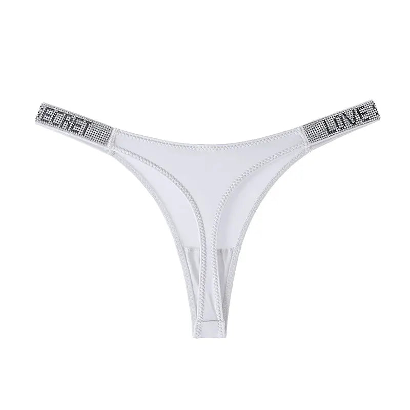 White low-rise thong with rhinestone waistband and LOVE lettering