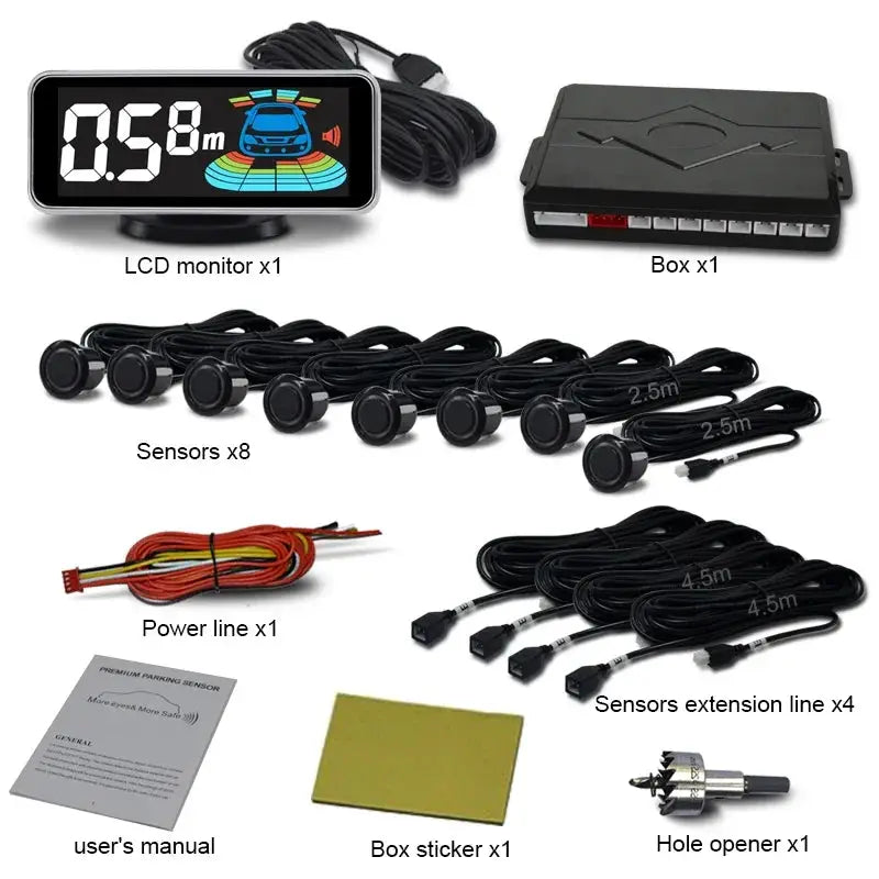 Parktronic parking sensor kit with LCD monitor, 8 sensors, control box, power and extension cables, manual