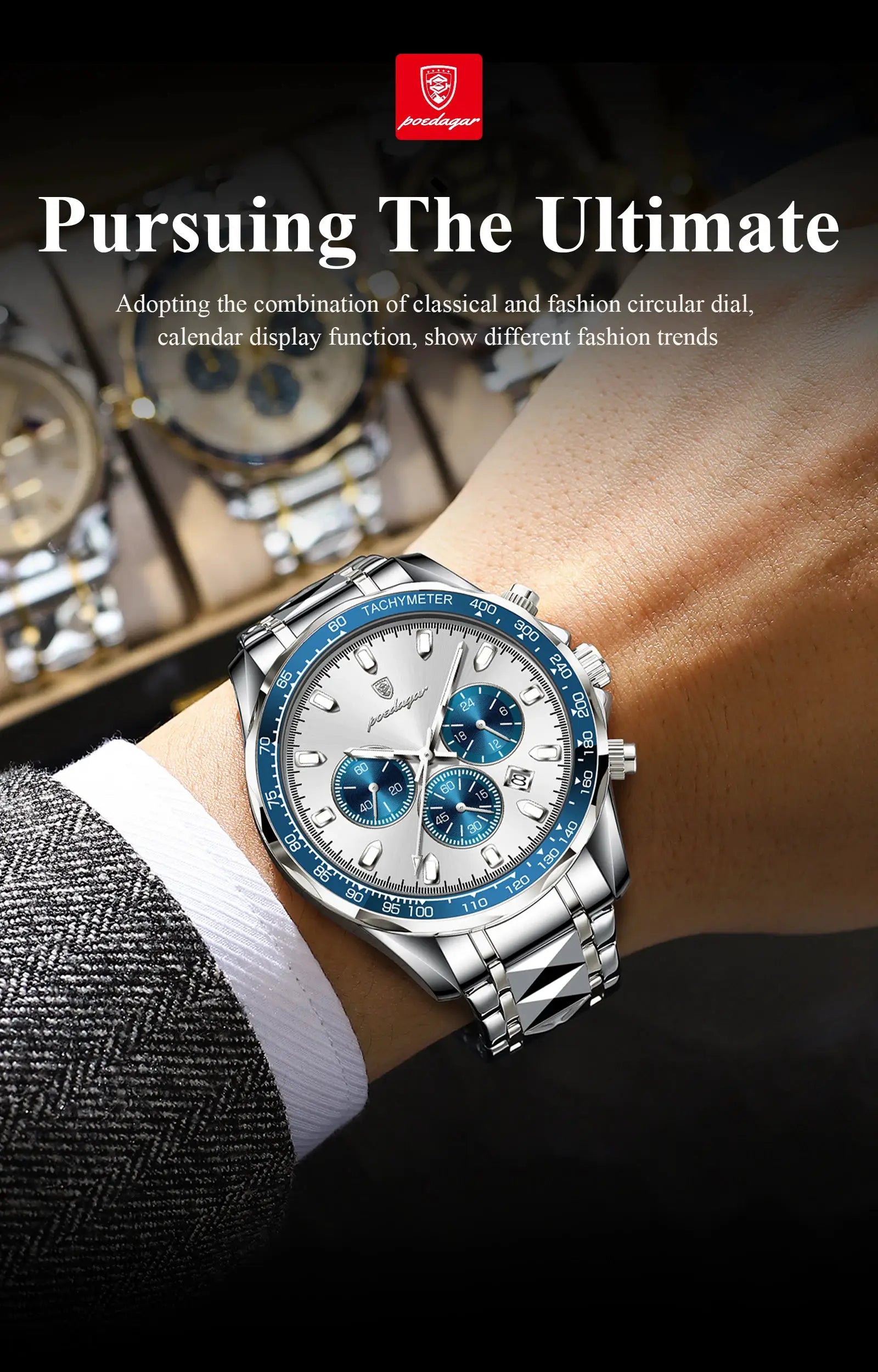 POEDAGAR stainless steel men's chronograph watch with blue bezel, white dial and blue subdials